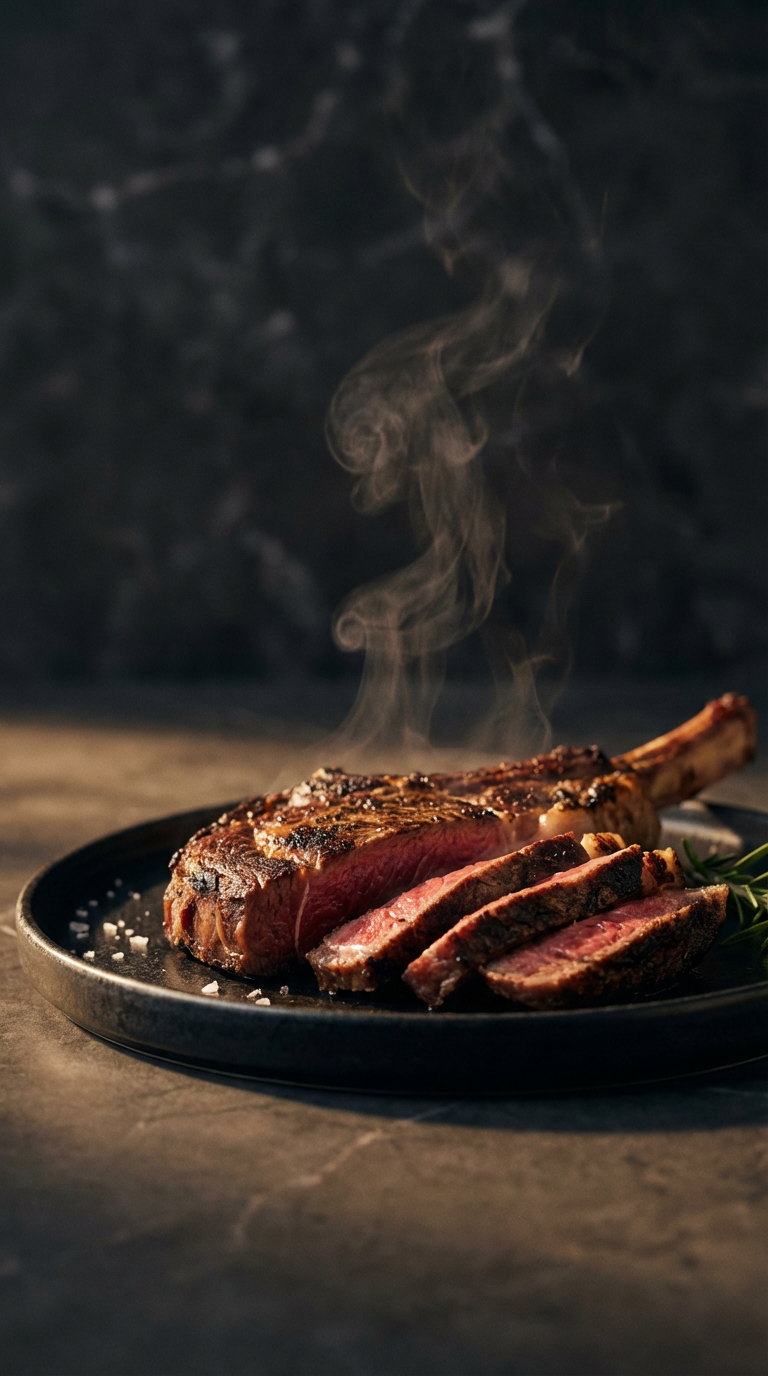 Premium plated tomahawk steak photographed by Betancur Estudio